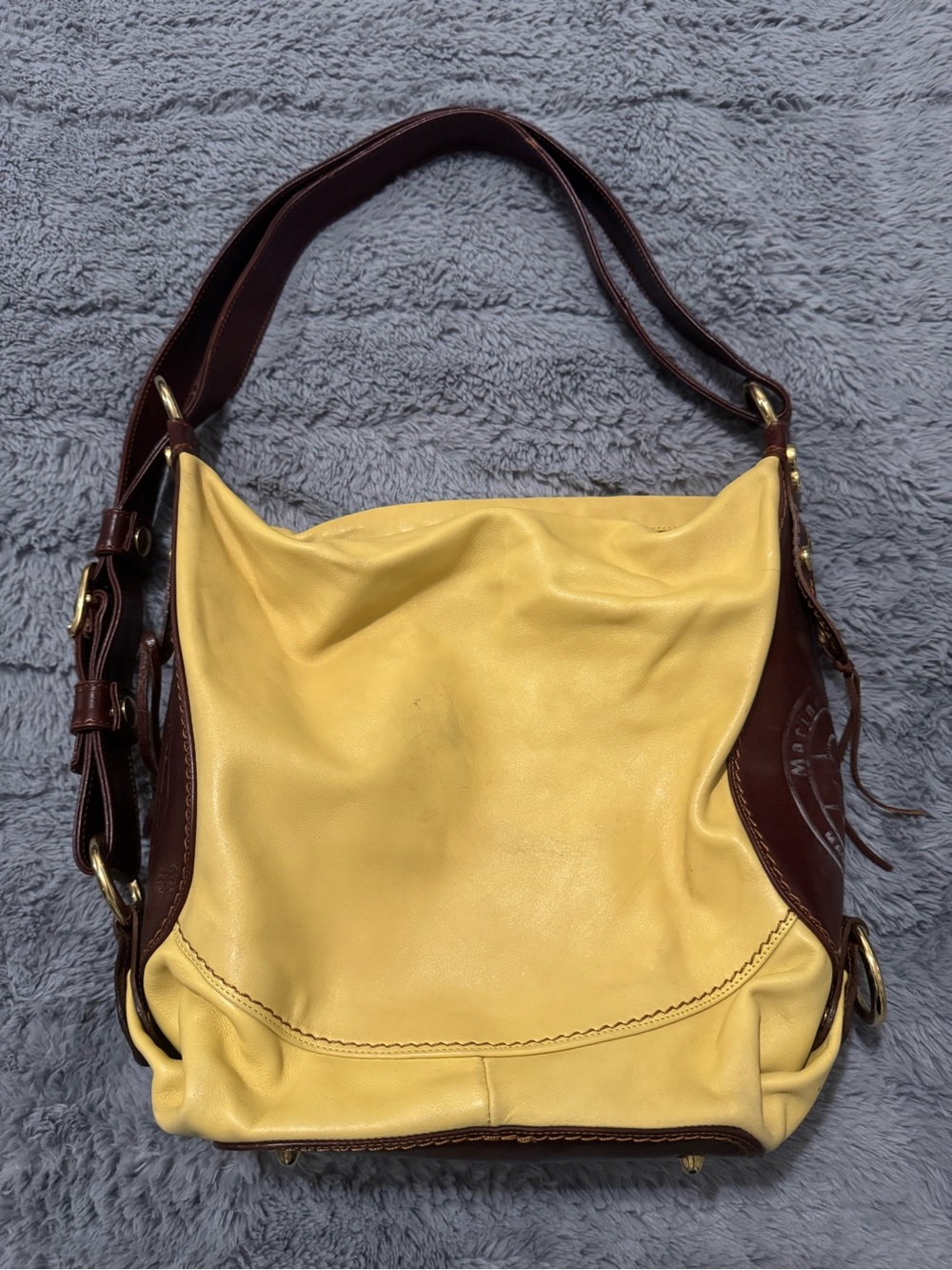 Marino Orlandi Italian Leather Designer Two-Tone Yellow and Brown Shoulder Bag
